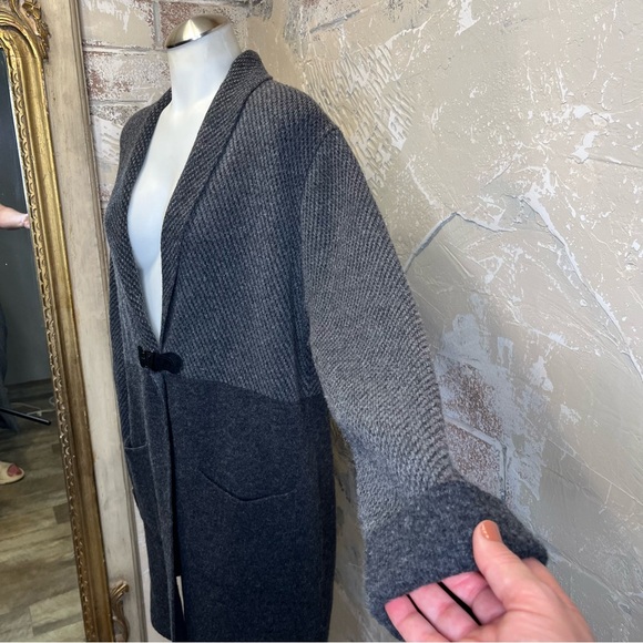 A IDA L long sweater cardigan wool bland shawl collar single buckle grey pockets - Picture 8 of 9